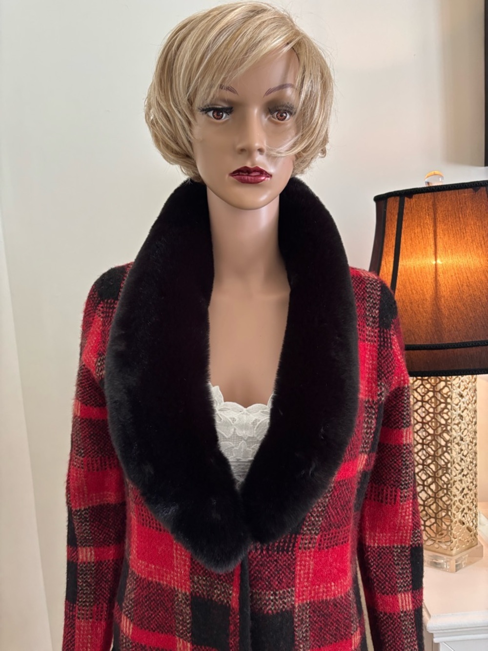 cleo Red and Black Plaid Vest with Black Faux Fur Collar - Picture 5 of 14